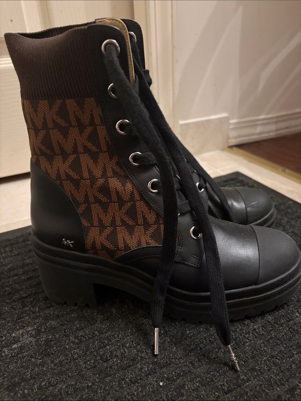 Michael Kors Black & Brown MK Logo Lace-Up Combat Boots